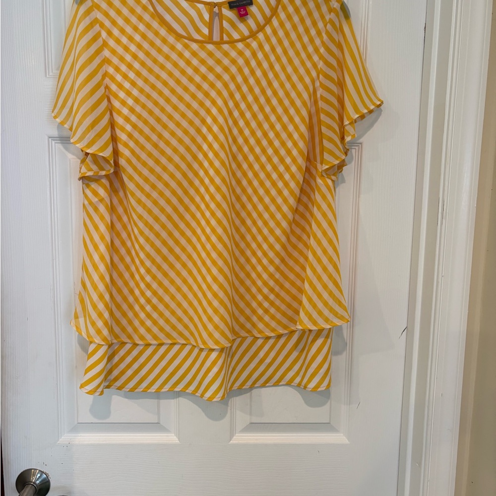 Vince Camuto Yellow and White Asymmetrical Blouse